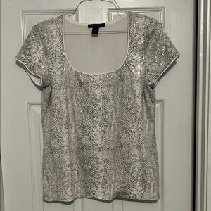 White House Black Market Shimmering Silver Short Sleeve Top